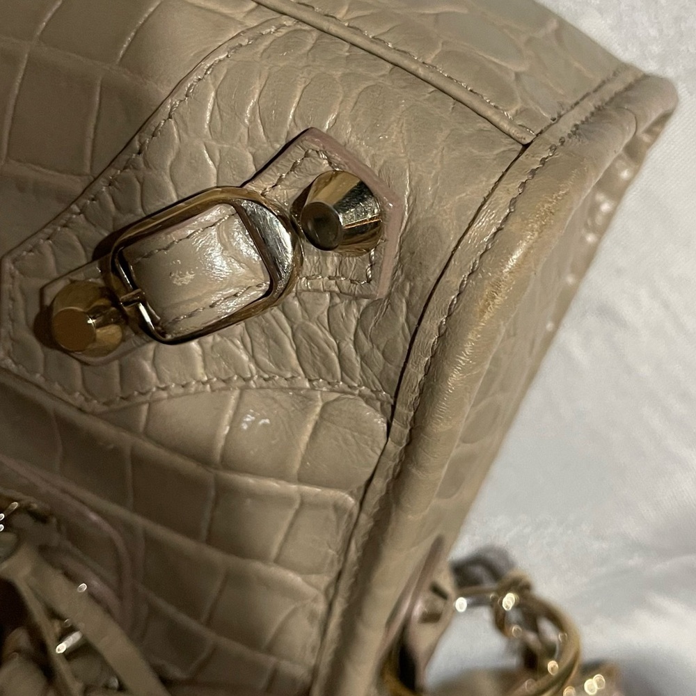 BALENCIAGA | Calfskin Crocodile Embossed Gold Hardware Mini City Beige Latte - Picture 13 of 15